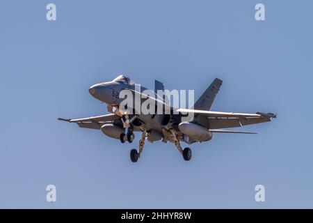 Zaragoza, SPAIN - July 16 2021 - F-A-18A + Hornet single-seat fighter plane belonging to the Zaragoza military base of the Spanish air force on traini Stock Photo