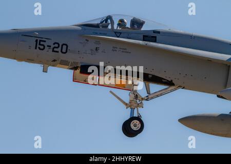 Zaragoza, SPAIN - July 16 2021 - F-A-18A + Hornet single-seat fighter plane belonging to the Zaragoza military base of the Spanish air force on traini Stock Photo