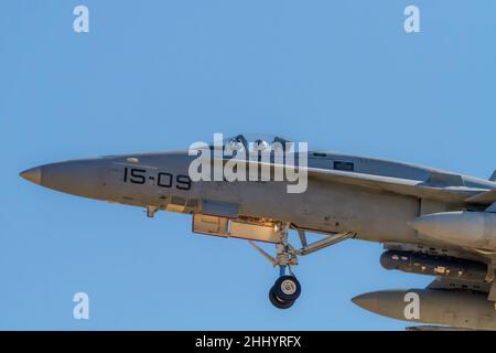 Zaragoza, SPAIN - July 16 2021 - F-A-18A + Hornet single-seat fighter plane belonging to the Zaragoza military base of the Spanish air force on traini Stock Photo