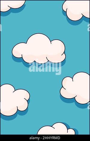 A poster with clouds and shadows from them in the cartoon trend style of the 70s. Stock Vector