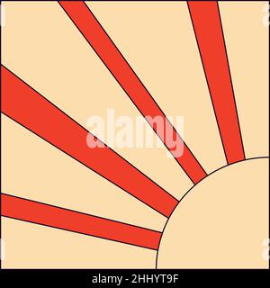 A square poster with the sun and sun rays on a red background in the style of cartoon comics in the trending style of the 70s. Stock Vector