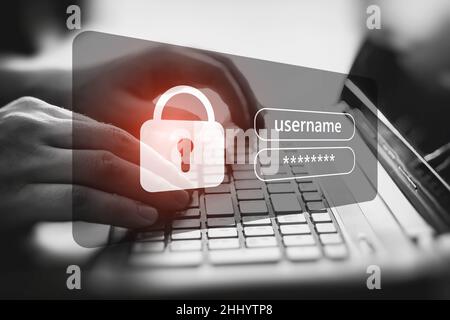Network security concept, security systems. Hands typing on keyboard Stock Photo
