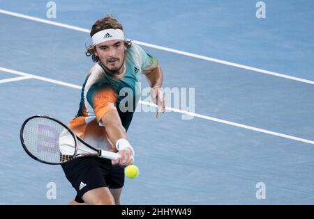 Melbourne, Australia. 26th Jan, 2022. Stefanos Tsitsipas of Greece competes during the men's singles match against Jannik Sinner of Italy at Australian Open in Melbourne Park, in Melbourne, Australia, on Jan. 26, 2022. Credit: Hu Jingchen/Xinhua/Alamy Live News Stock Photo