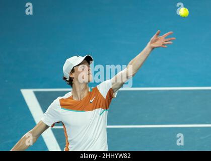 Melbourne, Australia. 26th Jan, 2022. Jannik Sinner of Italy serves during the men's singles match against Stefanos Tsitsipas of Greece at Australian Open in Melbourne Park, in Melbourne, Australia, on Jan. 26, 2022. Credit: Hu Jingchen/Xinhua/Alamy Live News Stock Photo