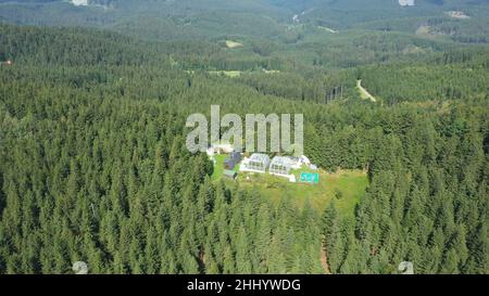 Greenhouse station open top chambers climate change science research Bily Kriz, plant spruce Picea abies Norway European and mountain beech Fagus Stock Photo
