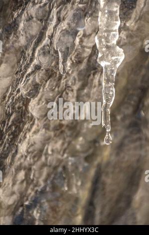 Details of ice stalactites in the Àneu valley in winter (Alt Pirineu Natural Park, Catalonia, Spain, Pyrenees) ESP: Detalles de estalactitas de hielo Stock Photo