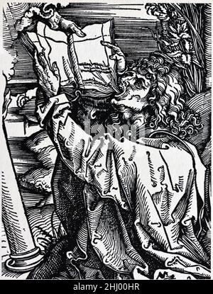 Woodcut Detail from Plate 10 of Durer's Apocalyse (1498), aka Apocalypse with Pictures, by German Painter & Printmaker Albrecht Durer or Duerer (1471-1528). The scene shows Saint John Eating the Book of Revelation or the Bible. Vintage Woodcut Print, Engraving or Illustration. Stock Photo