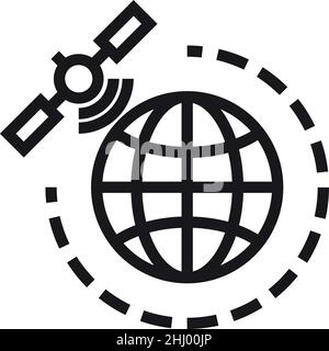 Orbiting satellite icon. Spacecraft moving around globe Stock Vector