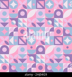 Abstract geometric seamless pattern. Neo geo style print, vector illustration. Simple repeating lines and shapes mosaic background. Pink, blue and Stock Vector