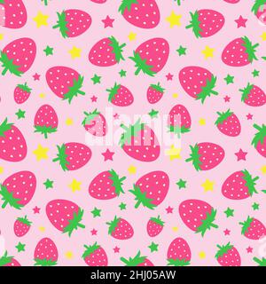 Seamless pattern with funny cartoon strawberries. Positive summer background in pink tones. Print for textile, gift wrap, clothes, interior, design Stock Vector