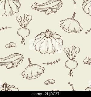 Seamless pattern with vegetables. Linear hand drawings Pumpkin, beets, striped zucchini with squash on light background with spicy plants. Vector illu Stock Vector