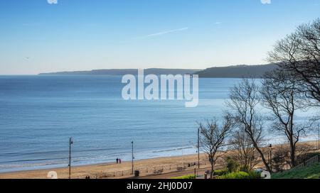 Panoramic view of a seaside bay.  Cliffs are on one side stretching to the horizon and a beach and trees are in the foreground. Stock Photo