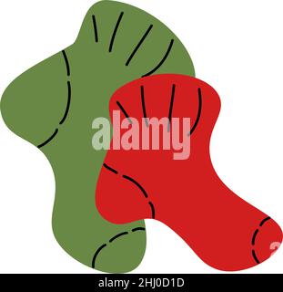 Hand-drawn iImage of a bright warm socks red and green color. Design element in a minimalistic style. Vector illustration. Stock Vector