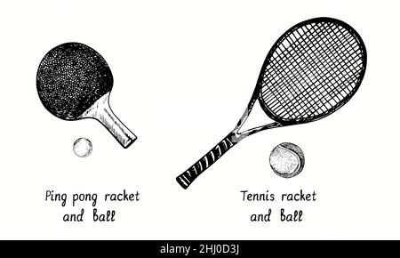 Tennis racket. Ink black and white doodle drawing in woodcut style ...