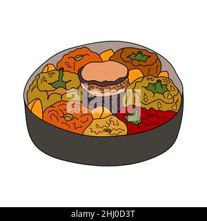 Gemista, greek traditional food. Stuffed peppers, tomatoes with minced beef, rice and herbs. Vector hand-drawn illustration. Design element for menu Stock Vector