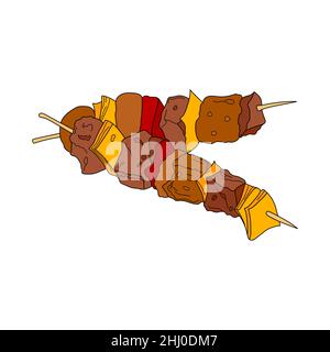Souvlaki, small skewers on wooden skewers. Meat on a stick. Greek traditional food. Vector hand-drawn illustration. Design element for menu cafe, Stock Vector