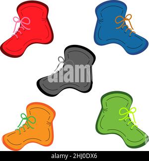 Set of multicolor off-season boots in bright and muted colors. Isolate. Lifestyle. Handdrawn. Vector illustration. Stock Vector