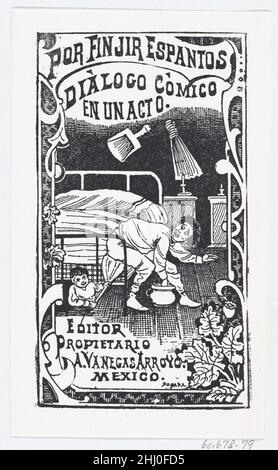 A man sitting on a bed being poked with a broom by someone under the bed, illustration for 'Por Finjir Espantos,' edited by Antonio Vanegas Arroyo ca. 1880–1910 José Guadalupe Posada. A man sitting on a bed being poked with a broom by someone under the bed, illustration for 'Por Finjir Espantos,' edited by Antonio Vanegas Arroyo. José Guadalupe Posada (Mexican, 1851–1913). ca. 1880–1910. Wood engraving. Prints Stock Photo