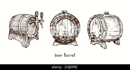 Beer barrels collection with taps. Ink black and white doodle drawing in woodcut style. Stock Photo