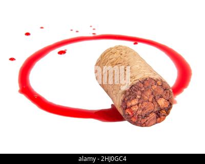 Wine cork and dirty red circle isolated on the white Stock Photo