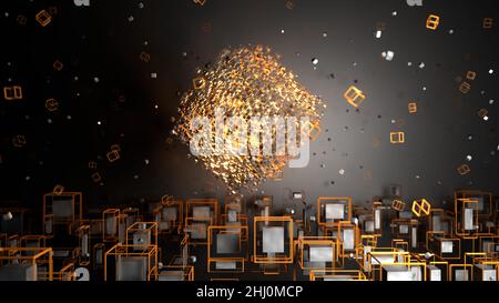3D Render. Abstract goldes geometric shapes. Cubes form big cube ...