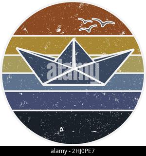 paper boat on water logo, round vector illustration with sunset gradient Stock Vector