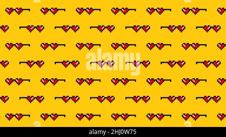 Hearts pixel sunglasses seamless pattern on yellow Stock Vector