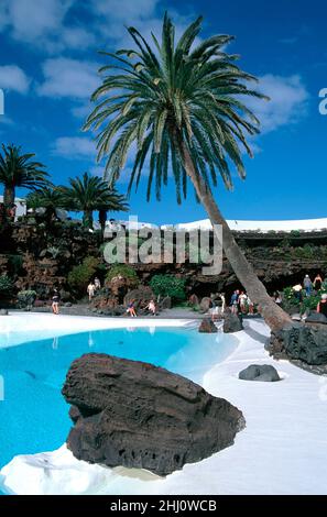 Jameos del Agua near Arrieta, Pool  by César Manrique, Lanzarote, Canary Islands, Spain Stock Photo