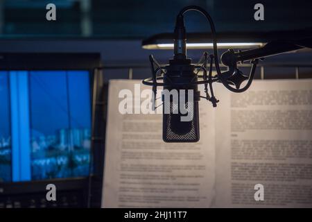 Professional condenser microphone in recording studio interior. Stock Photo