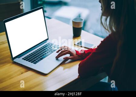 Anonymous woman using laptop in cafe Stock Photo