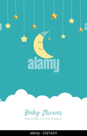 hanging sleeping moon and stars in sky childhood Stock Vector