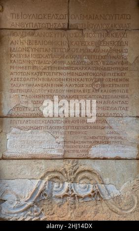 Close-up background view of Roman script samples from the ancient city of Ephesus in Selcuk in Izmir Province, Turkey on October 22, 2021. Stock Photo
