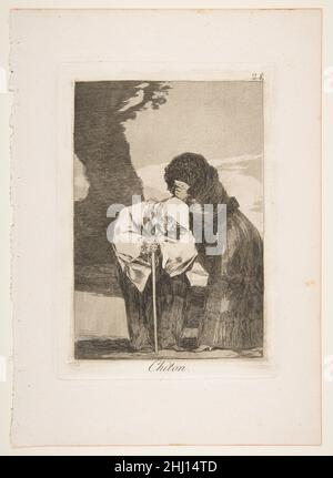 Plate 28 from 'Los Caprichos': Hush (Chiton.) 1799 Goya (Francisco de Goya y Lucientes) Spanish. Plate 28 from 'Los Caprichos': Hush (Chiton.)  380470 Artist: Goya (Francisco de Goya y Lucientes), Spanish, Fuendetodos 1746?1828 Bordeaux, Plate 28 from 'Los Caprichos': Hush (Chiton.), 1799, Etching, aquatint and burin, Plate: 8 3/8 in. ? 6 in. (21.3 ? 15.2 cm) Sheet: 11 5/8 ? 8 1/4 in. (29.5 ? 20.9 cm). The Metropolitan Museum of Art, New York. Gift of M. Knoedler & Co., 1918 (18.64(28)) Stock Photo