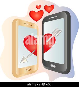 Valentine’s day greeting card with two phones and heart pierced by arrow Stock Vector