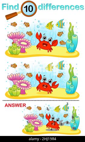 Vector Logical game for children. Find the differences in the picture. Underwater World, Bright Coral Fishes and Crab Stock Vector