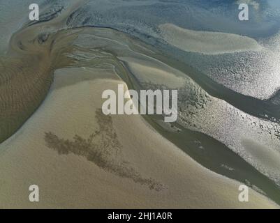 Sandbanks in the Bay Baie des Veys near Carentan and Isingy sur Mer in Normandy, France - Aerial View Stock Photo