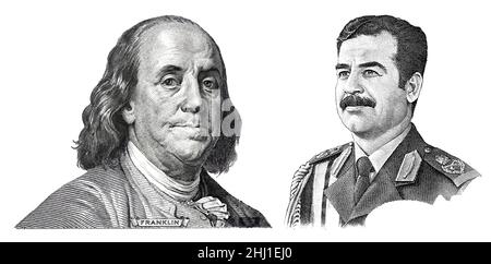 Benjamin Franklin cut on new 100 dollars banknote and Saddam Hussein cut from 25  Iraqi dinar banknote  for design purpose Stock Photo