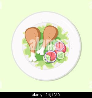 Chicken drums with salad healthy diet meal on plate. Vector illustration. Simple flat stock nutrition image. Duck legs on table healthy food Stock Vector