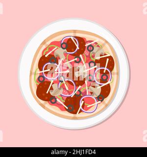 Italian pizza pepperoni mozzarella healthy diet meal on plate. Vector illustration. Simple flat stock image. Pizzeria meal on table healthy food Stock Vector