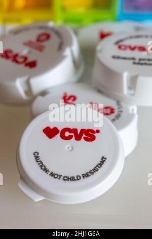 CVS prescription bottle caps comparison of child proof vs. safety, USA Stock Photo