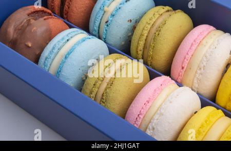 Exclusive macaroons in blue box collection with flavor Stock Photo