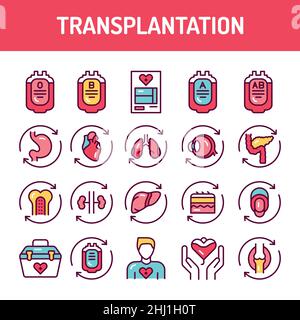 Transplantion line icons set. Isolated vector element. Outline pictograms for web page, mobile app, promo. Editable stroke. Stock Vector