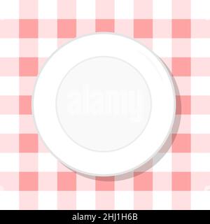 Empty plate on retro red tablecloth healthy diet meal. Vector illustration. Simple flat stock image. Template healthy food nutrition plate Stock Vector