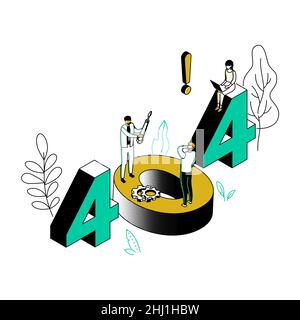 Error 404 page - modern line isometry design style illustration. Picture with falling numbers, characters trying to fix a situation. Problems with web Stock Vector
