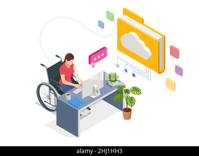 Isometric modern cloud technology, networking concept. Web cloud technology business. Internet data services. Woman with a disability, woman with Stock Vector
