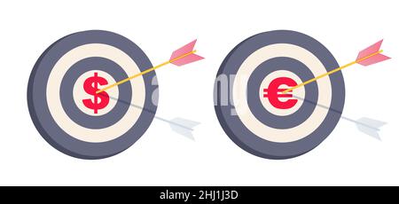 Vector set icons of target with arrow and money. Vector illustration of target for business with dollar and euro signs. Stock Vector