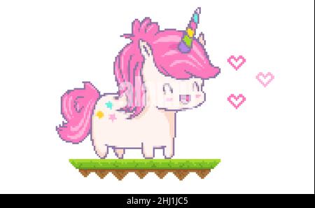 Vector illustration of a kawaii unicorn with hearts in pixel art style. Vector cute pixel unicorn with hearts in chibi style. Stock Vector