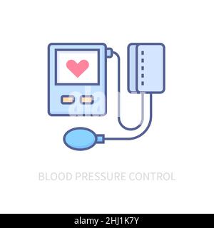 Blood pressure control - modern colored line design style icon on white background. Neat detailed image of tonometer. Medical technology, heart health Stock Vector