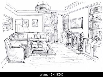 Sketch of a lounge furnished in a contemporary style on a white background. Stock Photo