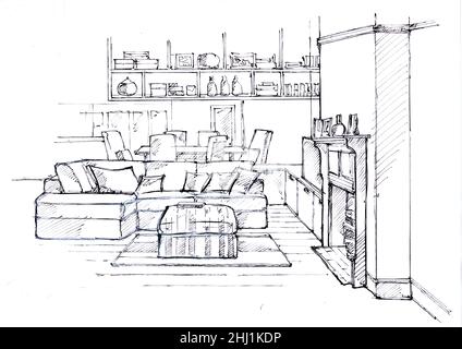 Sketch of a lounge furnished in a contemporary style on a white background. Stock Photo